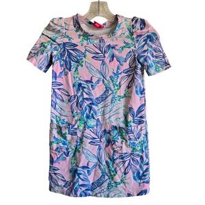 Lilly Pulitzer M 6-7 Shift Dress Girls Pink Blue Floral Excellent Puff Sleeve